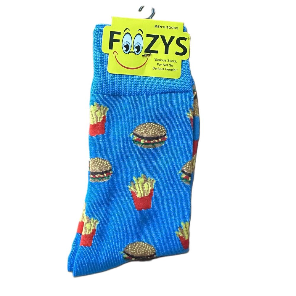 Foozys Blue Food Themed Burgers Fries Crew Length Socks Mens One Size New